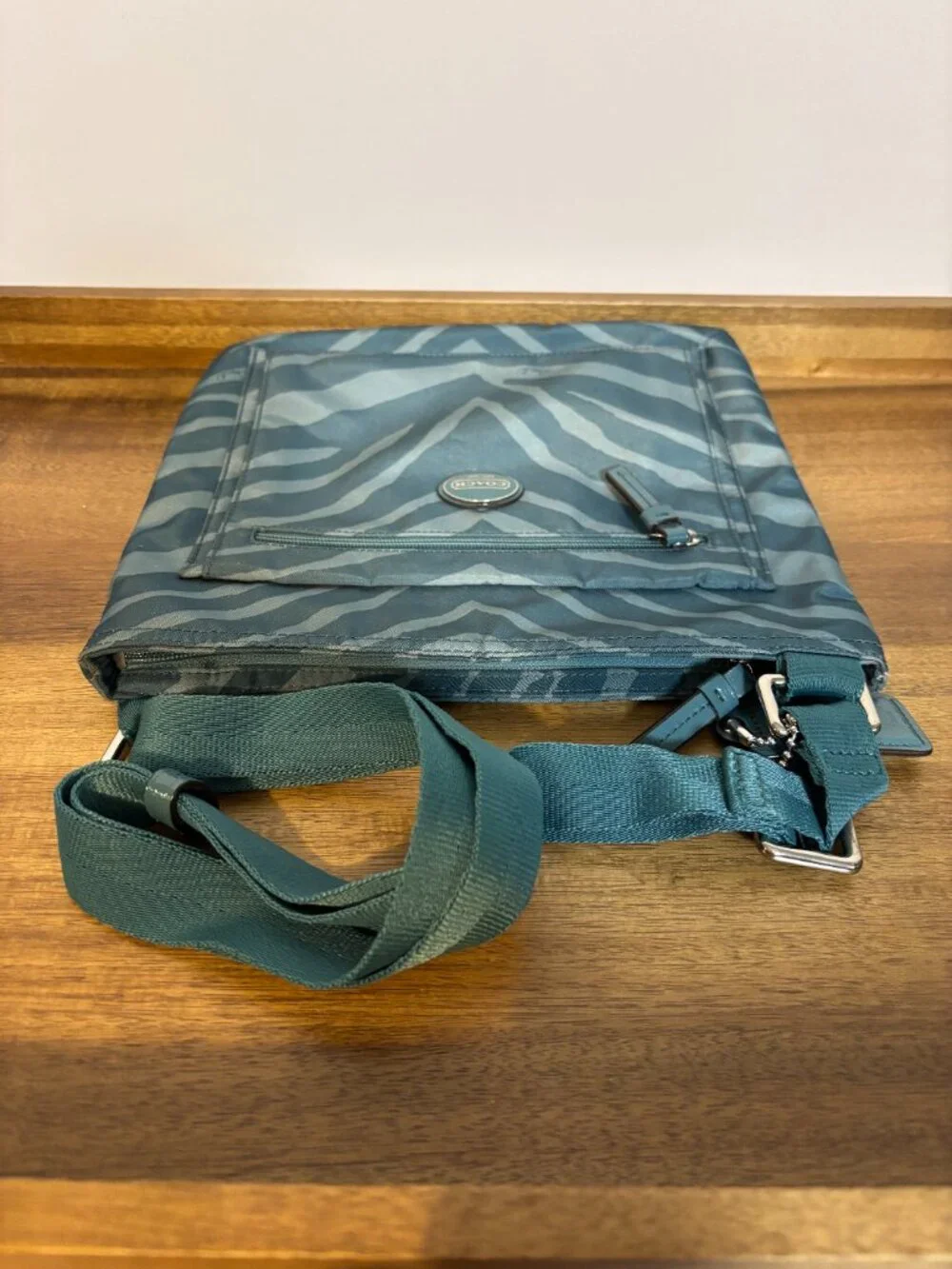 Coach Getaway Teal Zebra Print Nylon File Crossbody Bag